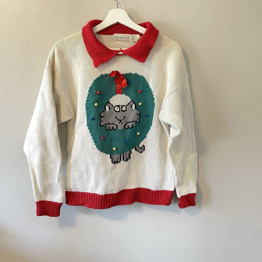 Vintage Christmas Collared Sweater Cat Wreath Knit Ugly Holiday Cotton